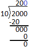 The problem highlights 10 goes into 0, 0 times. A 0 is added above to the dividend to show the answer 200.